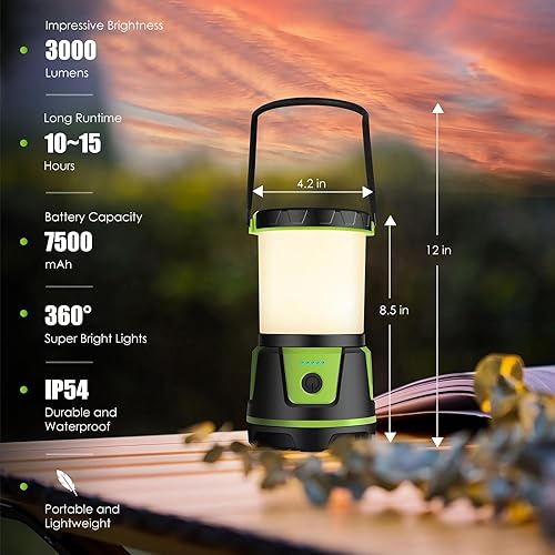 Miniatura 3 de Linterna de camping recargable de 3000 lúmenes, linterna LED con 5 modos, IP54 impermeable, batería de 7500 mAh, luz brillante portátil para cortes
