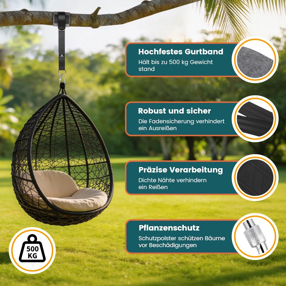 900 kg Schaukelbefestigung-Aufhängungsset, inklusive D-Ringen und Karabinerhaken aus Edelstahl, geeignet für Hängematten, Schaukeln, Hängesessel und Turnringe (Black 150cm) - 3