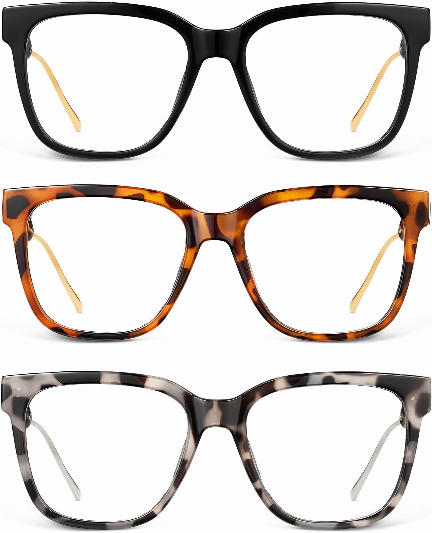 JM Oversized Reading Glasses Women - 3 Pack Large Square Blue Light Blocking Readers Glass for Ladies Men/W Spring Hinge