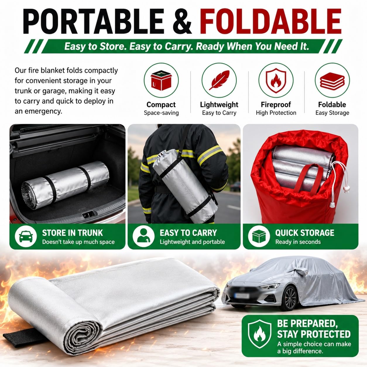 Manta Ignífuga De Emergencia For Vehículos, Gran Cobertura For SUV | Recubrimiento de silicona ignífugo, 0,5 mm de espesor, con bolsa de transporte, for taller y berlinas(6*8m/20*26ft)