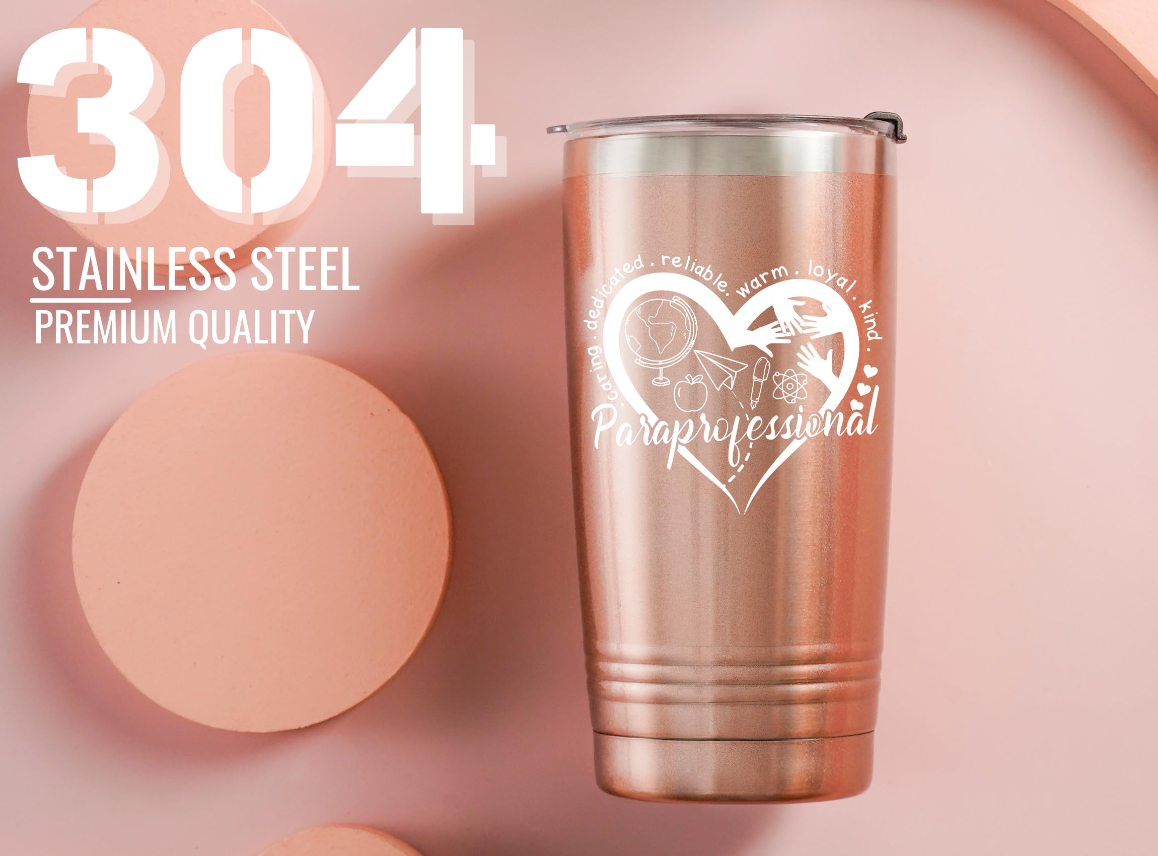 Onebttl Paraprofessional Appreciation Gifts, Gifts for Teacher Paraprofessional, 20oz Stainless Steel Rose Gold Insulated Tumbler with Lid & Straw - Heart