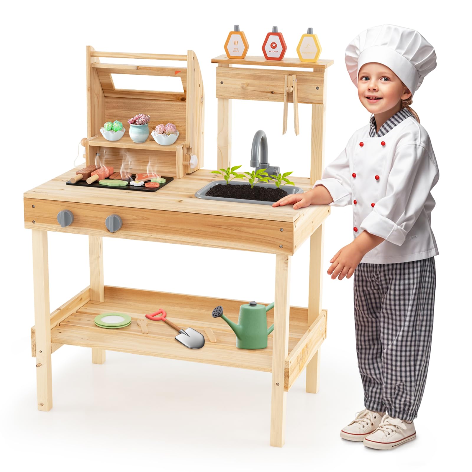 GLACER Kids Mud Kitchen, Fir Wood Kitchen Grill Playset w/Play Food, Grilling Tools & Pretend Play Cooking Accessories, Cooking BBQ Playset Toy Kitchen for Boys & Girls 3+