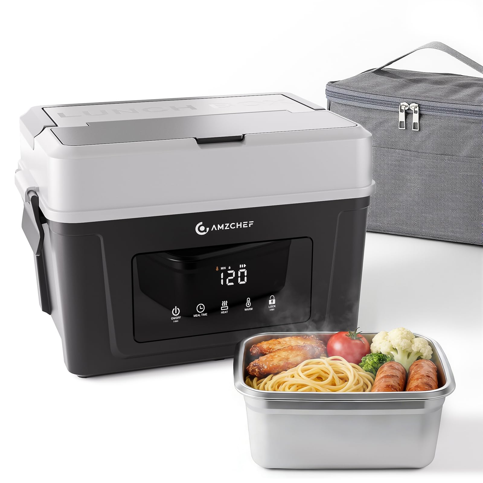 AMZCHEF Cordless Electric Lunch Box, 18000mAh Rechargeable Battery Self Heating Lunch Box, 1.5L Large Portable Food Warmer & Insulated Bag for Work, Car, Lorry, Camping