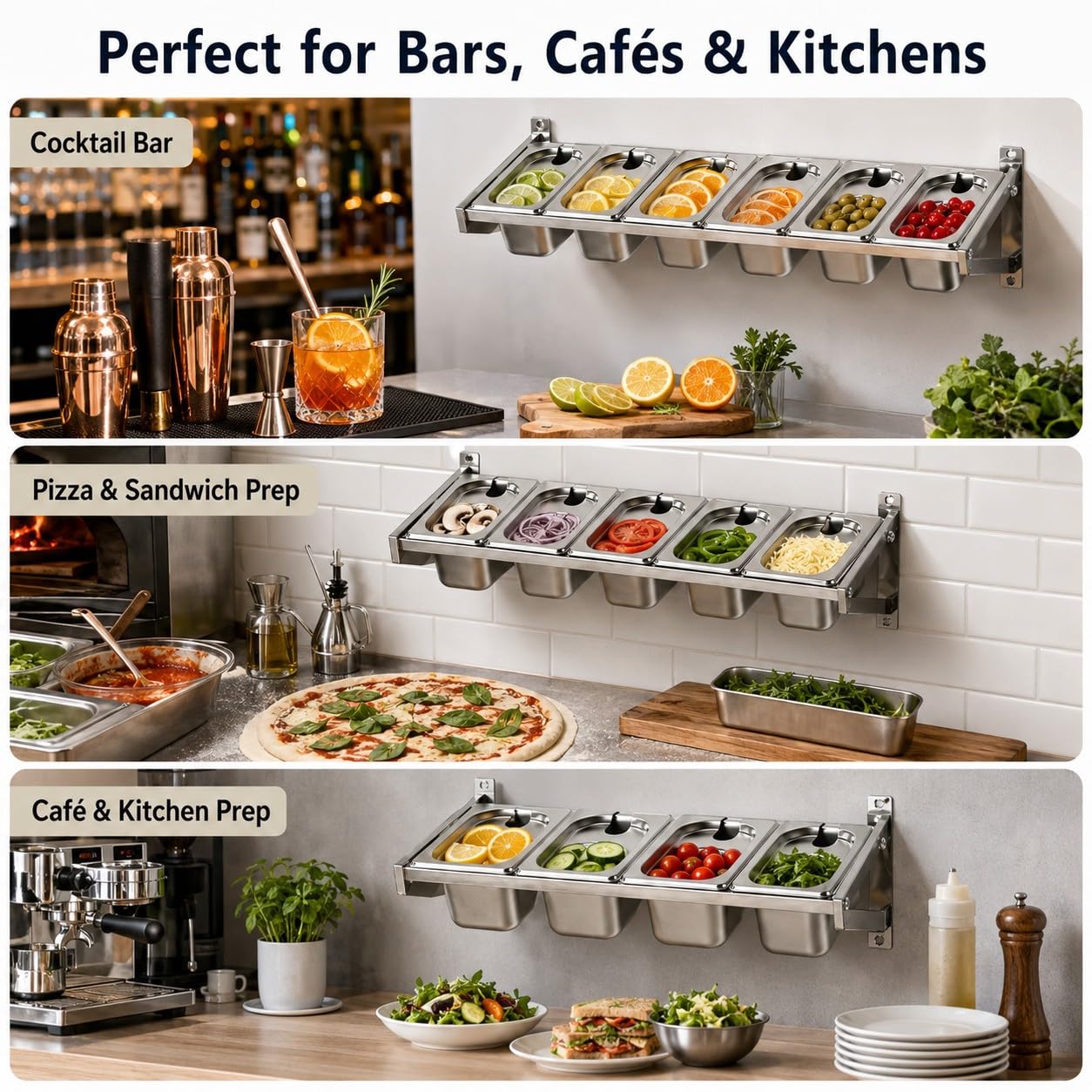 Estante de Condimentos de Acero Inoxidable Montado en Pared con Tapas, 3/4/5/6/7 Compartimentos, Bandejas Extraíbles para Salsas, Frutas, Toppings, Guarniciones, Bar