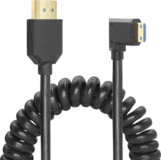 YACSEJAO Coiled HDMI Cable Right Angled 8K 48Gbps HDMI 2.1 Mini HDMI to HDMI Male Telescopic cable High Speed (RIGHT)