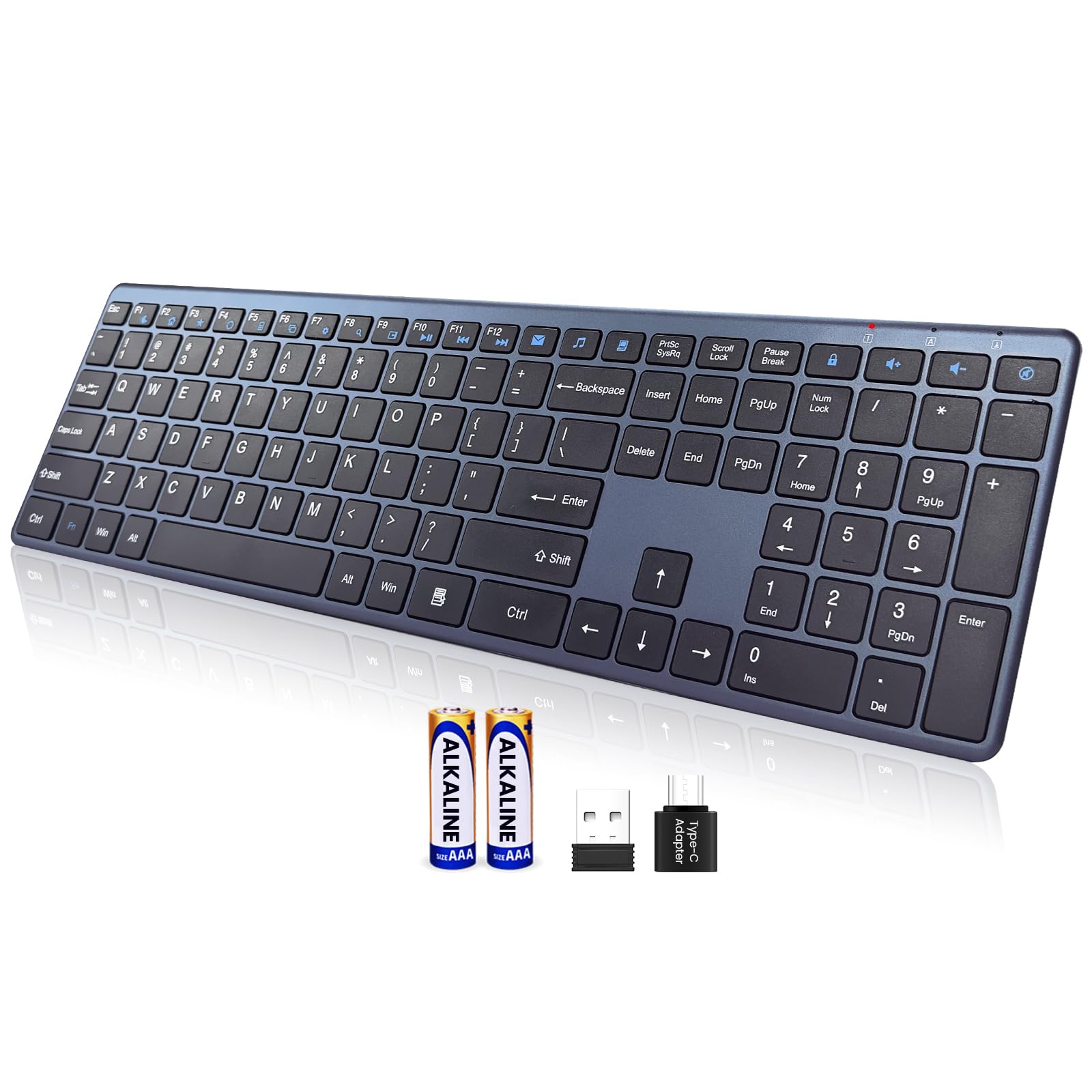 Tastiera wireless da 2,4 G, USB-A/C, ultra sottile, silenziosa, tastiera per PC, 19 tasti multimediali, tastierino numerico, plug & play, Ergo senza ritardi, lunga durata della batteria per tablet