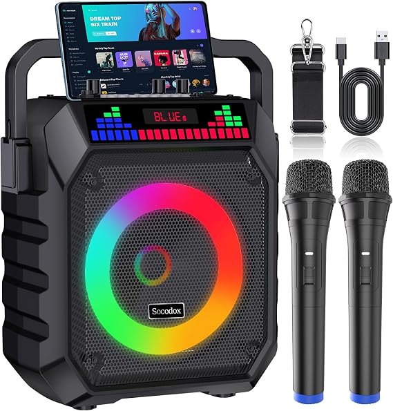 socodox Enceinte Karaoké Portable Bluetooth avec 2 Micros Sans Fil et Jeu de Lumière RGB