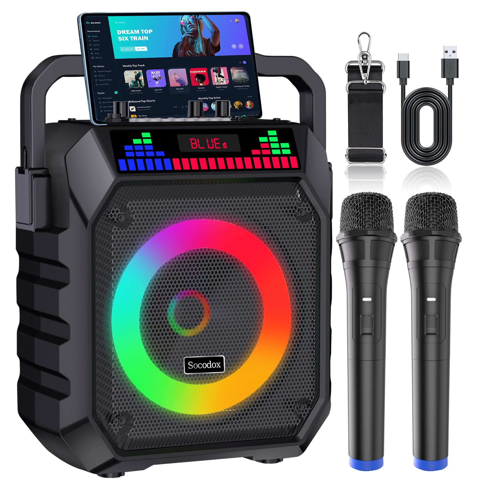 Karaoke Machine for Adults & Kids, Portable Bluetooth Speaker with 2 Wireless Microphones and RGB Lights, Home Karaoke PA System Supports Bluetooth/USB/TF/AUX for Family Party & Outdoor Fun