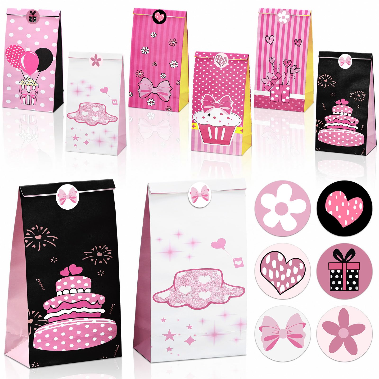 Motiskyy 30 Pcs Pink Mouse Birthday Party Favor Bag with Stickers 8.66" x 4.72" Goodie Bags Gift Bag Paper for Pink Mouse Theme Birthday Decorations Candy Snack Giving Party Supplies, 6 Style
