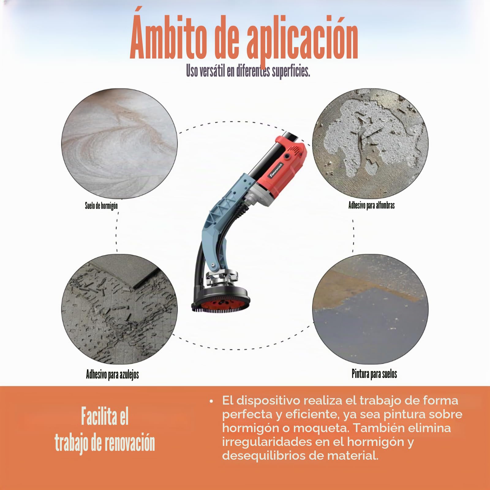 FANZWORK - Lijadora de hormigón de 1010 W con barra telescópica de hasta 1,20 m. Incluye cabezal de lijado de diamante de 125 mm y bolsa de transporte. Velocidad regulable: ideal para alisar hormigón,