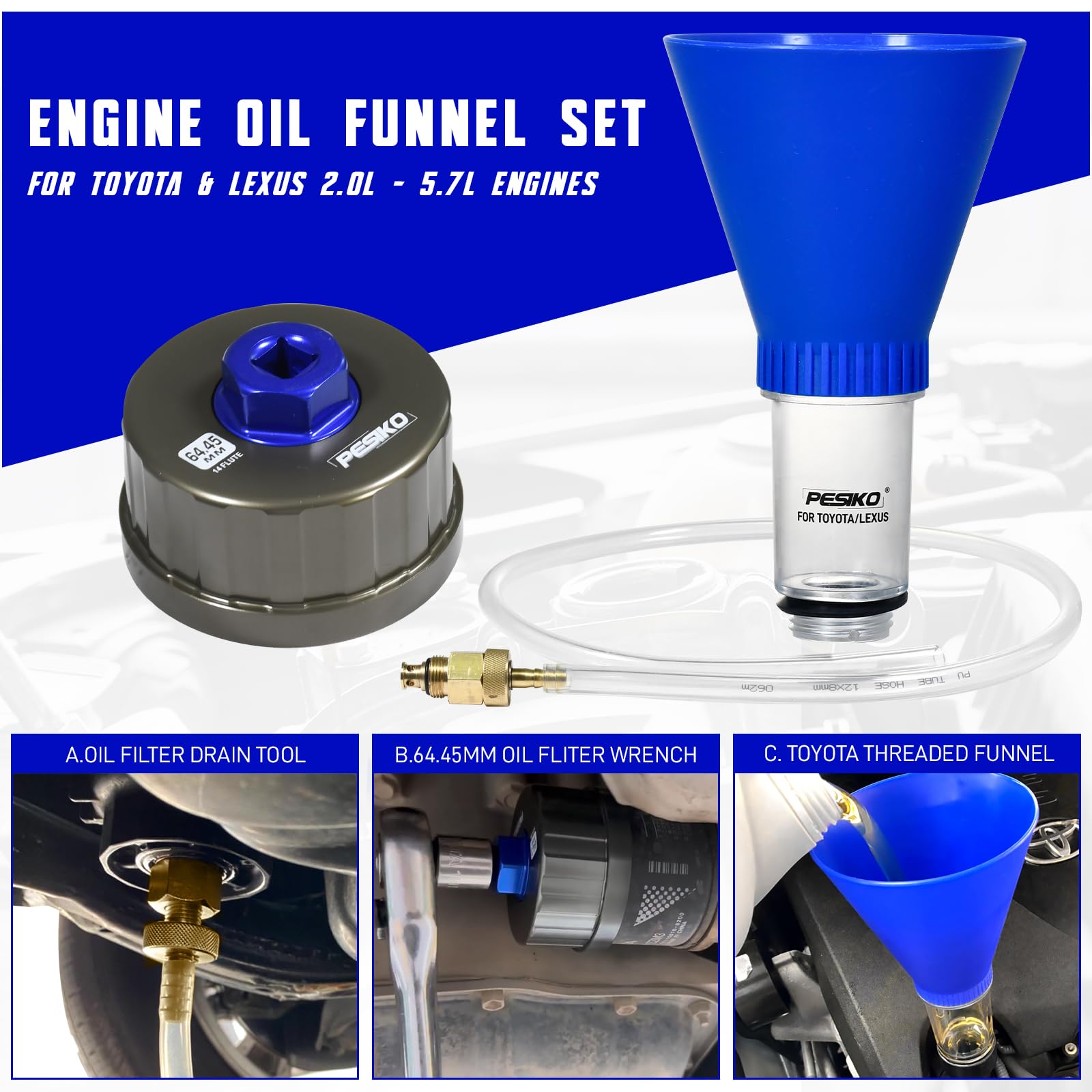 Llave de filtro de aceite de 64 mm, manguera de drenaje y embudo de aceite de motor para Toyota, Lexus y Scion 2.0-5.7L herramienta de extracción de filtro de aceite estilo cartucho de motor
