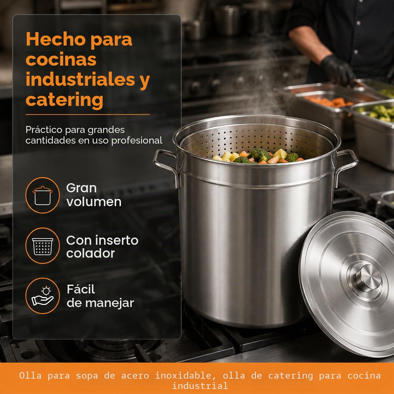 Olla para sopa de 100 L con tapa y cesta colador, acero inoxidable compatible con inducción, olla grande de 50 qt para gastronomía, freír y guisar