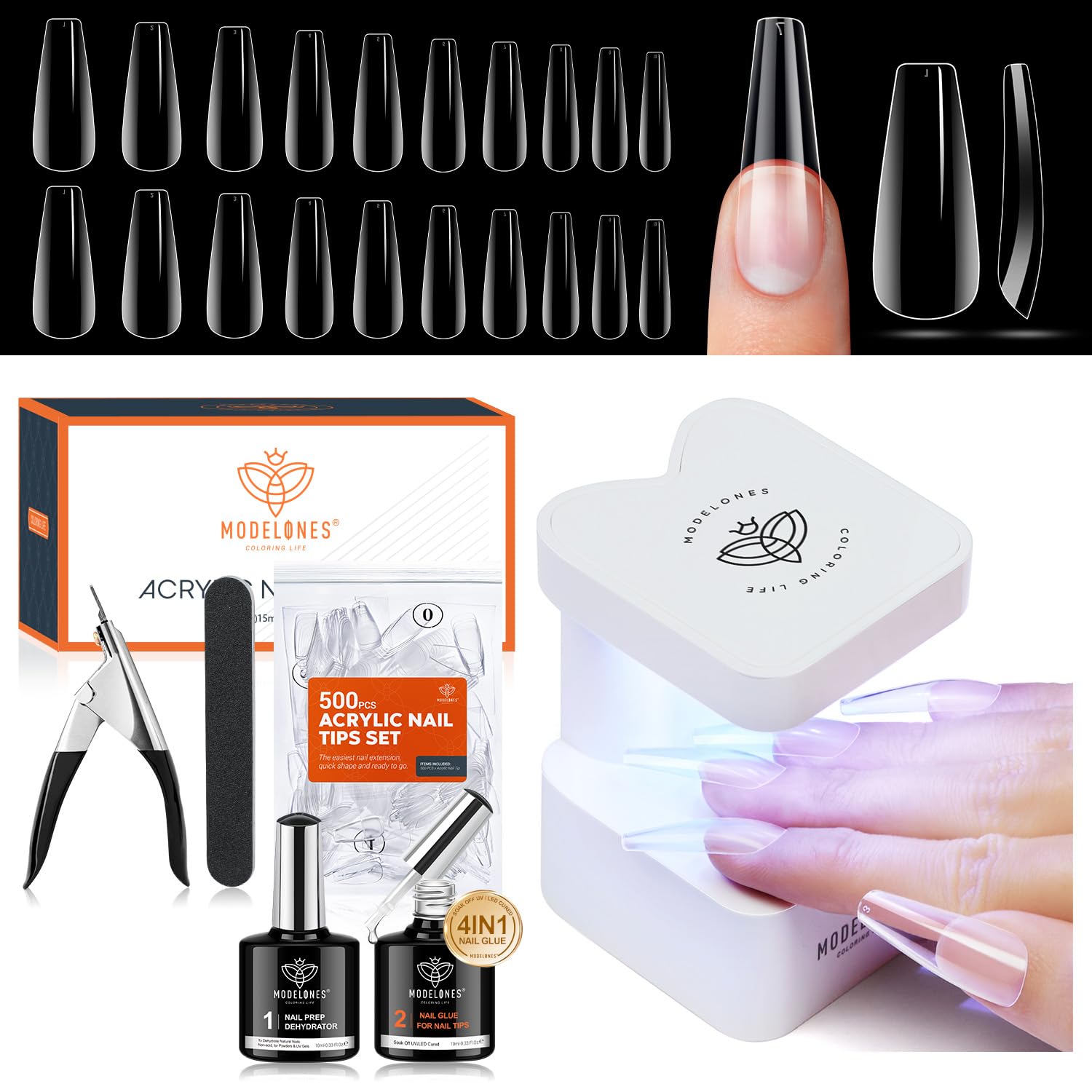 modelones Gel x Nail Kit, Nail Tips and Glue Gel Kit with Nail Glue Gel, 500Pcs Long