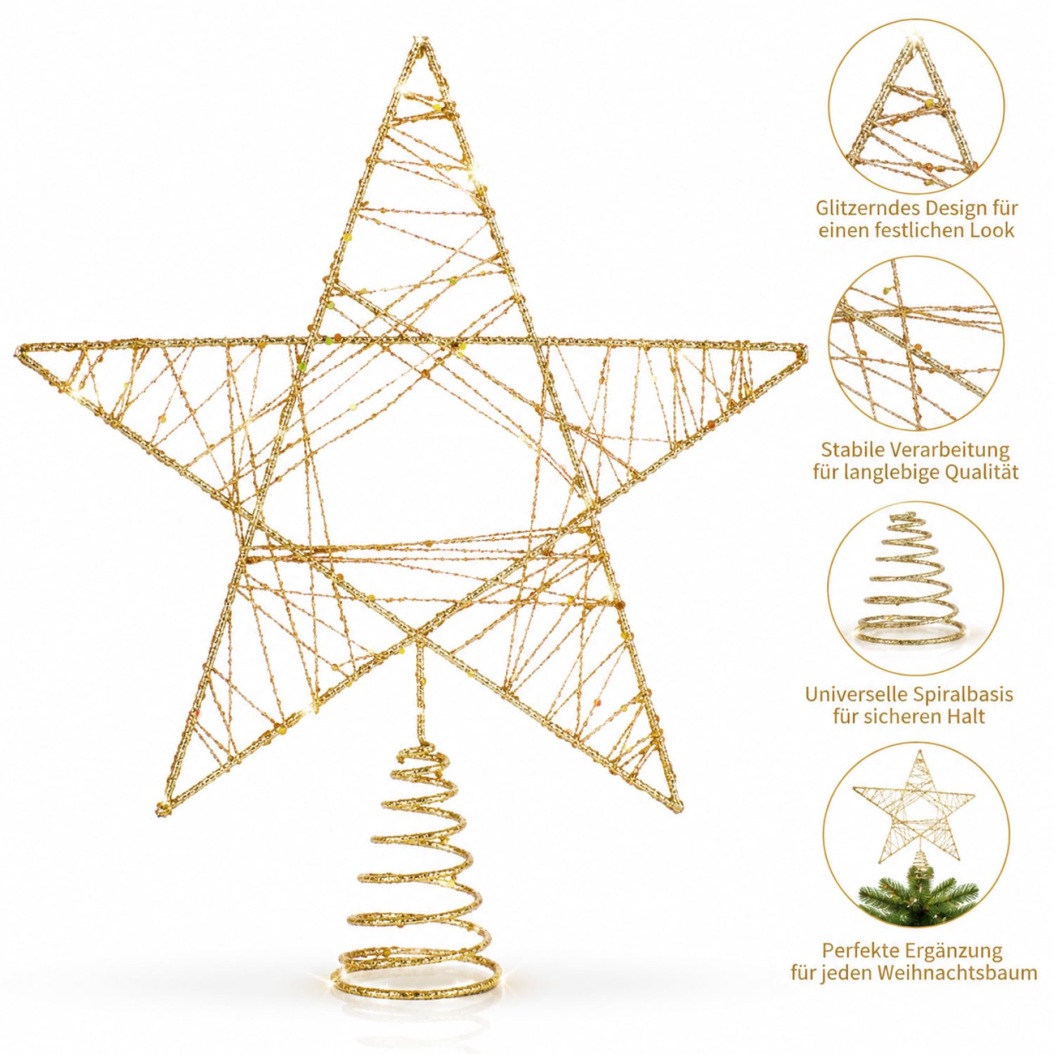 COM-FOUR® Deco Star Christmas - Estrella de decoración navideña de Metal - Poinsettia de pie con Purpurina y Lentejuelas - Copa de árbol de Navidad Dorada (dorado/27cm)