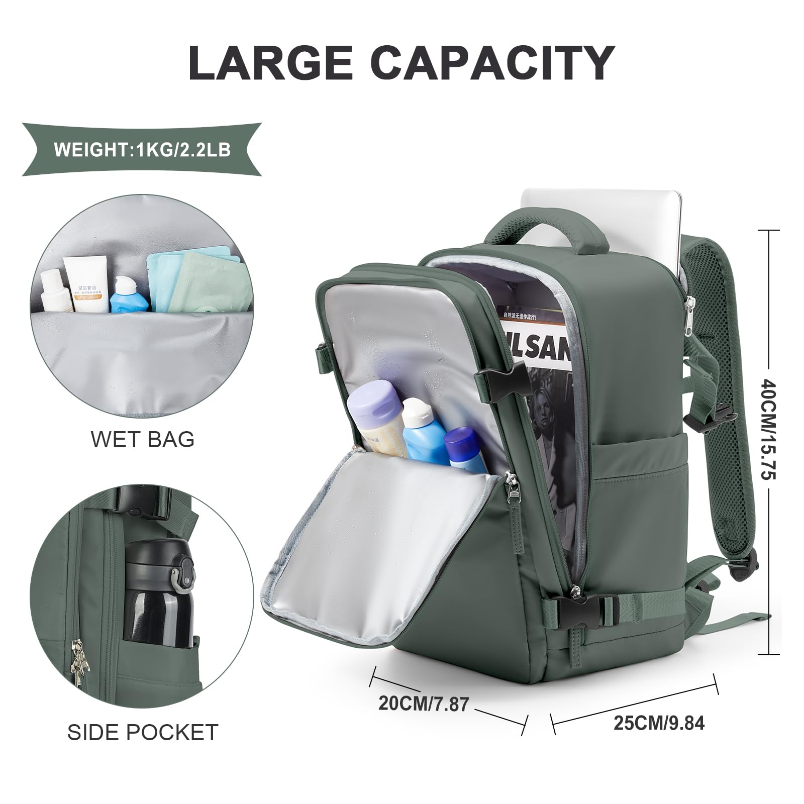 SZLX Zaino Ryanair 40x20x25 Bagaglio a Mano zaino Borse da Cabina per Easyjet 45x36x20 Zaino da Viaggio donna con porta ricarica USB, Borsa da Viaggio aereo Zaino Computer Impermeabile Casual Daypack