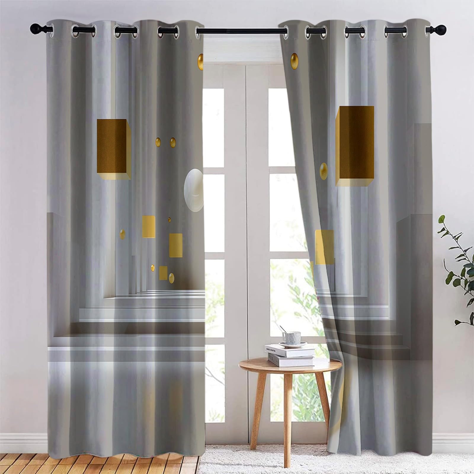 Arte Digital Cortinas Opacas Cubos Geométricos Esferas Doradas Cubos,140 x 260 cm (2 Paneles), con Ojales - Tratamientos de Ventana Estampados para Dormitorio o Sala de Estar
