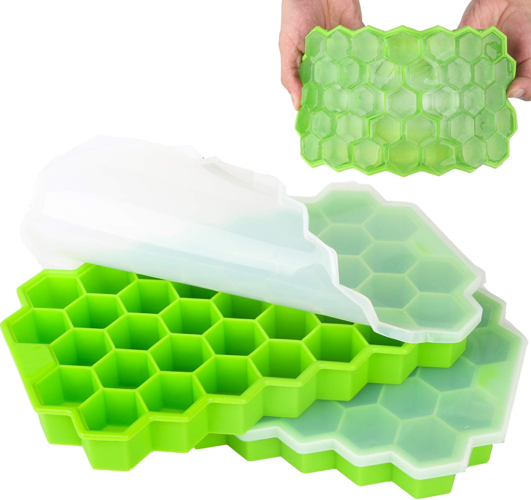 ISKM Ice Cube Molds 2 Pack Ice Cube Trays, Easy-Release Silicone & Flexible 74 Cubes with Removable Lids Spill-Resistant LFGB Certified and BPA Free, Stackable Durable Dishwasher Safe (2 Green)