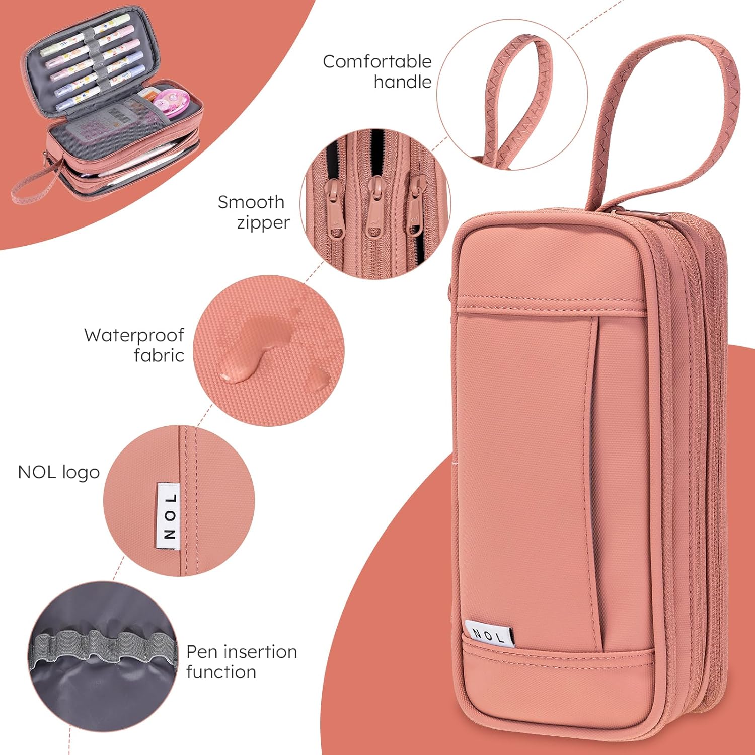NOL Natural Organic Lifestyle Large Capacity Pencil Case Zipper Pencil Purse 3 Compartment Pencil Pouch Office Stationery Organizer Multi-functional Pencil Bag for School Girl Boy Adults - Dark pink - Image 6