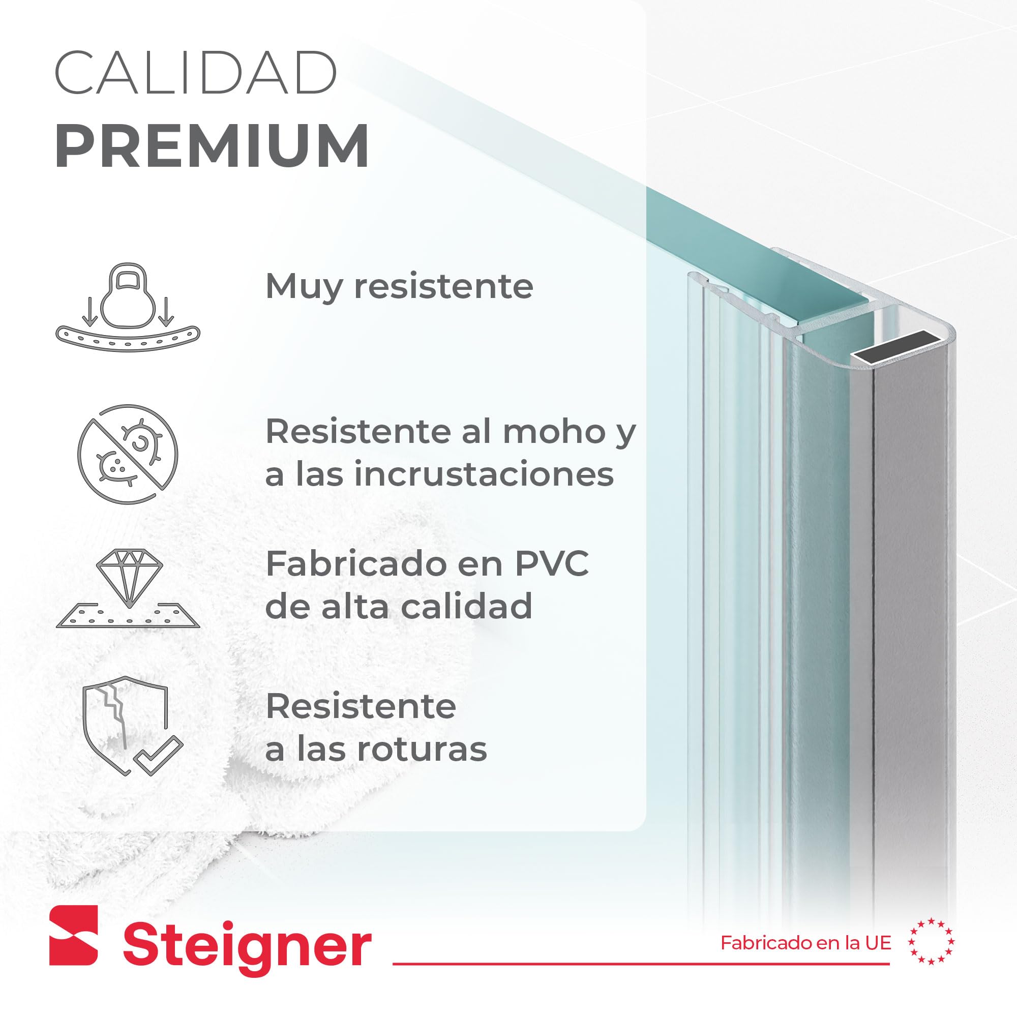 STEIGNER Juntas mamparas duchas imantadas UKM02 153 cm (2 ud.) - Juntas magnéticas 180° para ducha angular, pentagonal, semicircular, empotradas o de cuarto de círculo con puerta 6-8 mm - Impermeable