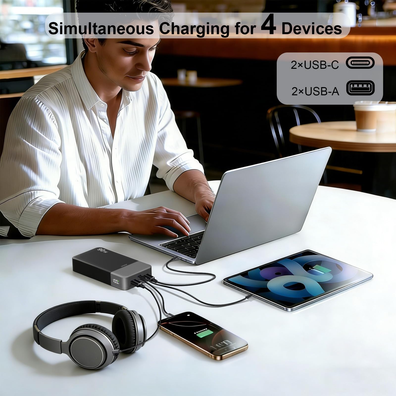 Przenośna ładowarka JUOVI,power bank do laptopa 90 W,przenośna ładowarka do telefonu 20000 mAh,power bank z szybkim ładowaniem,2 portami typu C i 2 portami USB-A,bateria zewnętrzna (Czarny)