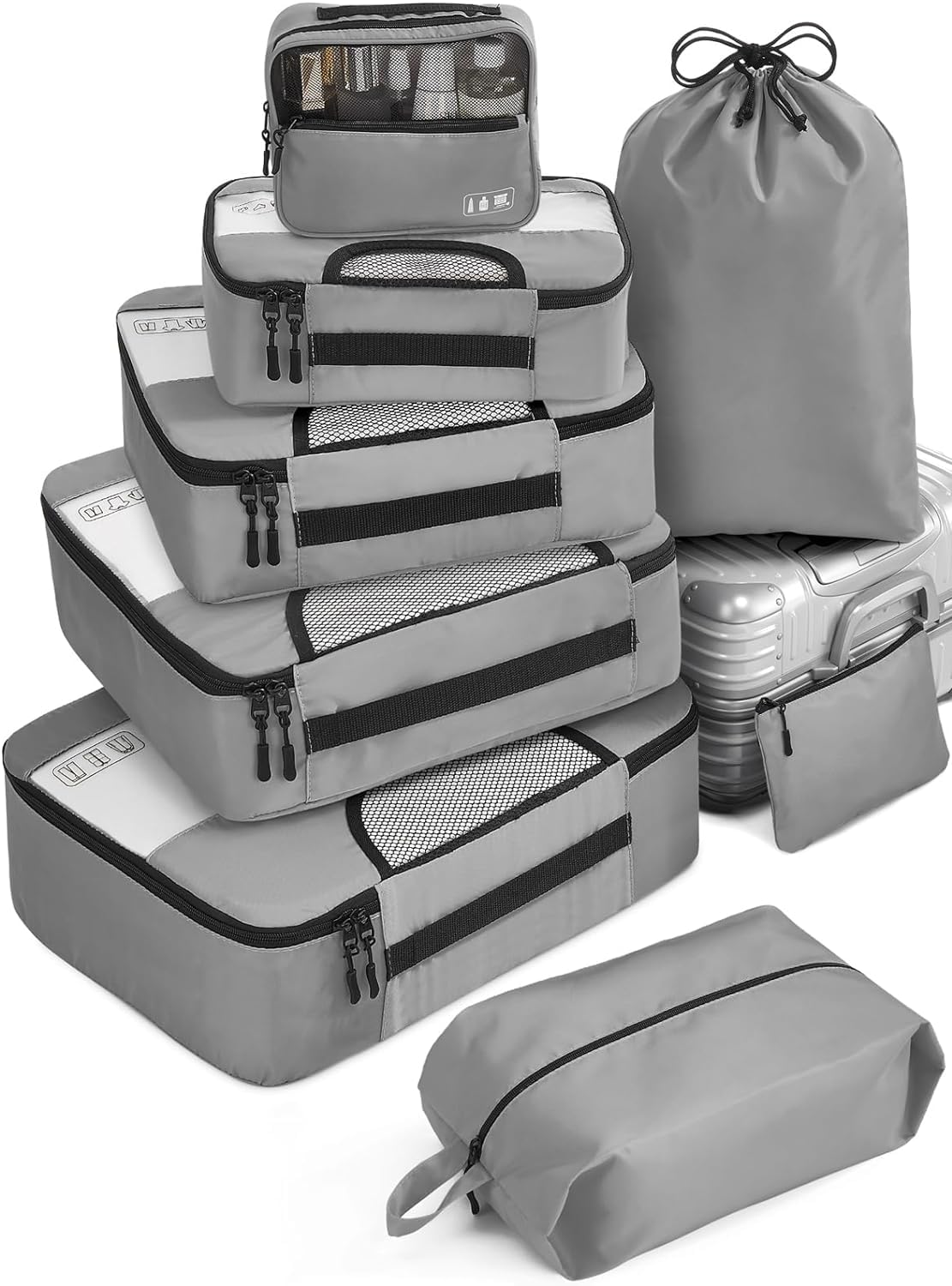 Packing Cubes for Travel - 8 Set Luggage Organizer Bags with Clothes Compression Pouch | Suitcase Organisers for Traveling | Lightweight Packing Organizers (Grey)-image-47