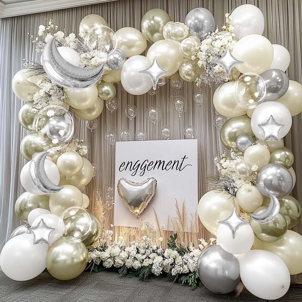 White Star Monn Balloon Arch Double Stuffed Sand White Gold Pearl Bobo Balloons Light Gold Silver Latex Balloon Garland for Birthday Wedding Baby Shower Bridal Shower Baptism Party Decor
