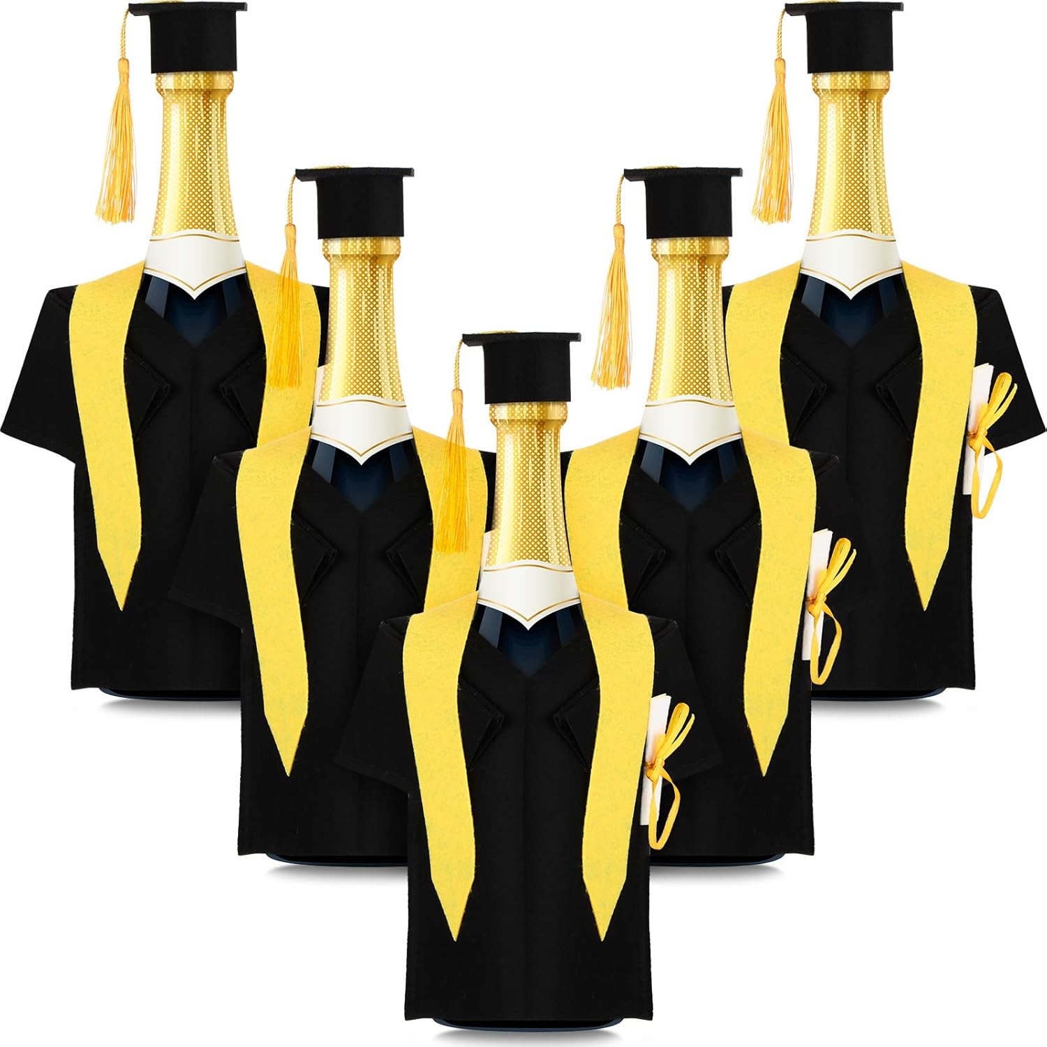 Mixweer 12 Set Wine Bottle Graduation Cap and Gown, Graduation Wine Coat Bottle Covers with Tassels Champagne Party Props (Black)