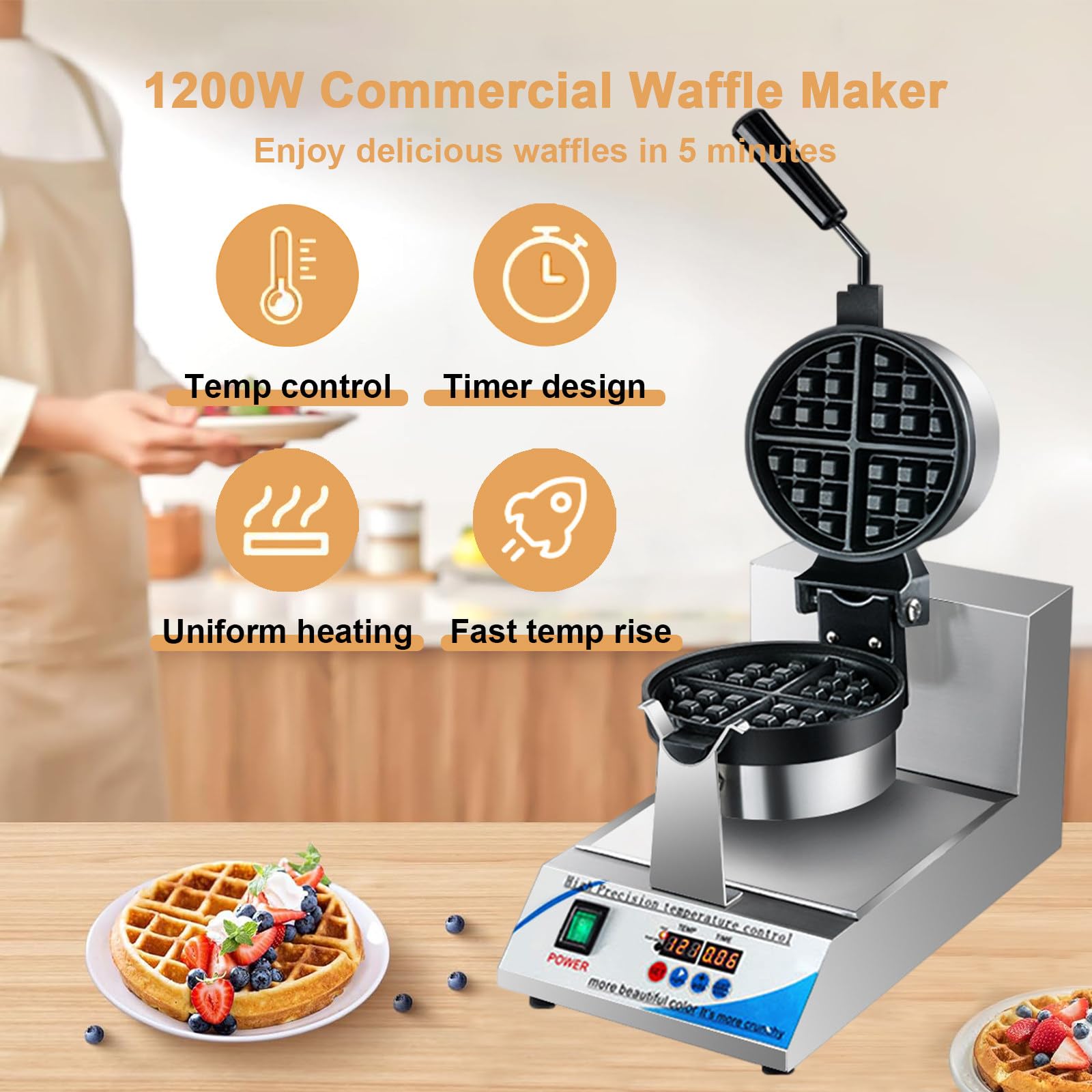 Gofrera De Calentamiento Por Ambos Lados De 1200 W, Temporizador Digital (0-299 °C), Gofrera Redonda, Antiadherente, Para Cafeterías, Pastelerías Y Repostería Casera, Con Kit De Repostería