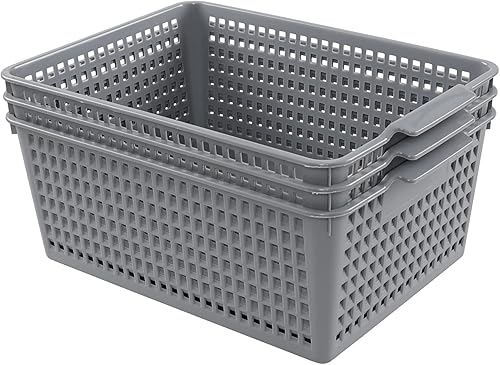 Paquete de 3 cestas organizadoras grandes, cesta de almacenamiento de plástico (gris)