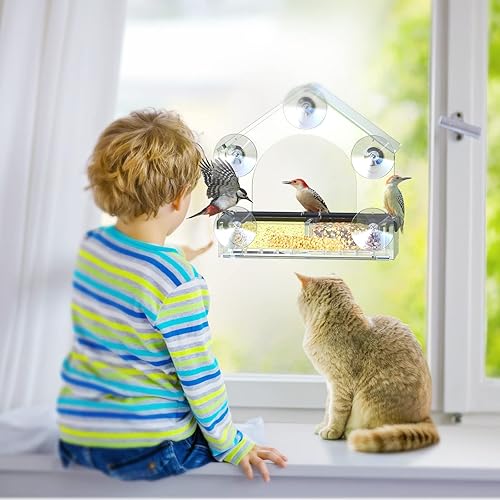 Miniatura 6 de Comedero para pájaros con ventana transparente con 5 ventosas extra fuertes, comedero acrílico resistente y duradero para ver aves silvestres en el