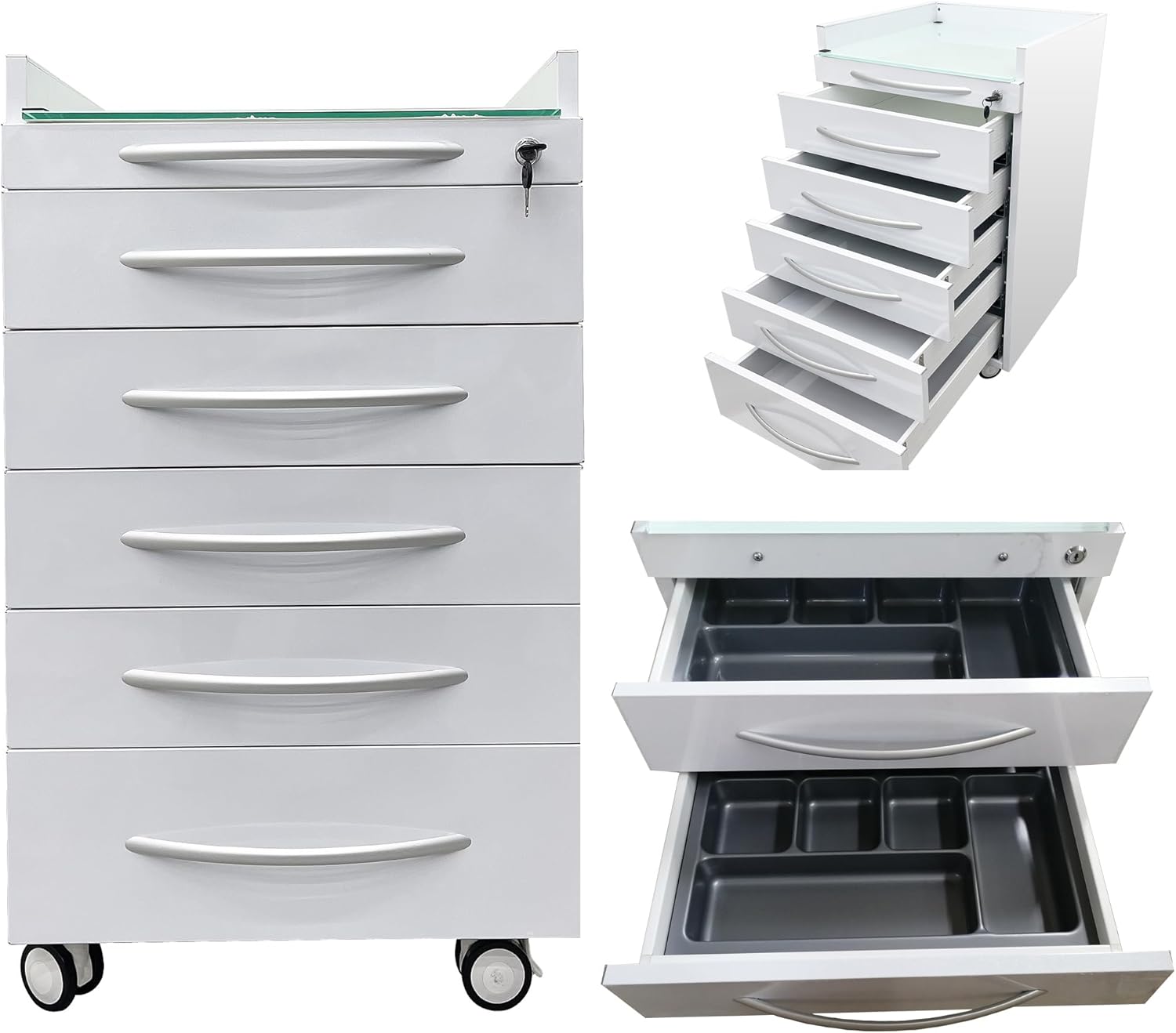 5 Drawers Mobile Office File Storage Cabinet, Stainless Steel Dental Medical Assistant Cabinet Utility Cart, Glass Countertop with Lock and Wheels and Storage Tray for Office Hospital, White