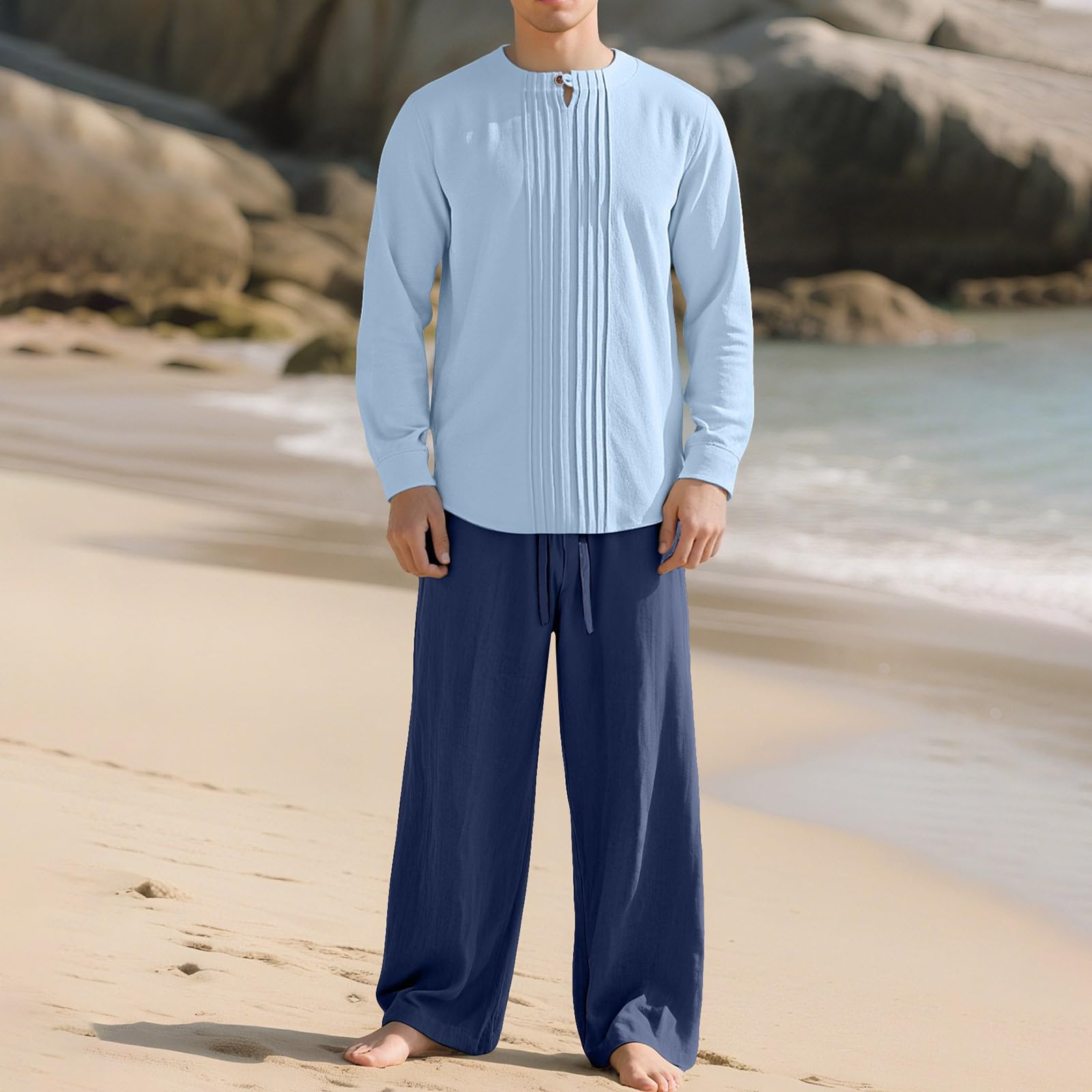 Generisch Tuta da uomo per il tempo libero, 2 pezzi, tuta da casa da uomo, elegante, casual, in tinta unita, in cotone e lino, elasticizzata, traspirante, per il tempo libero, set da jogging
