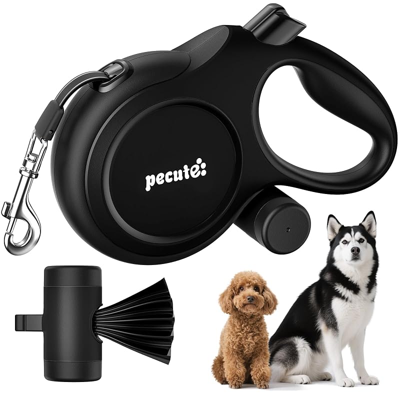 Guia retrátil para cães com 7,92 m, suporte para sacos e cordão refletivo Pecute até 49,9 kg – Preto