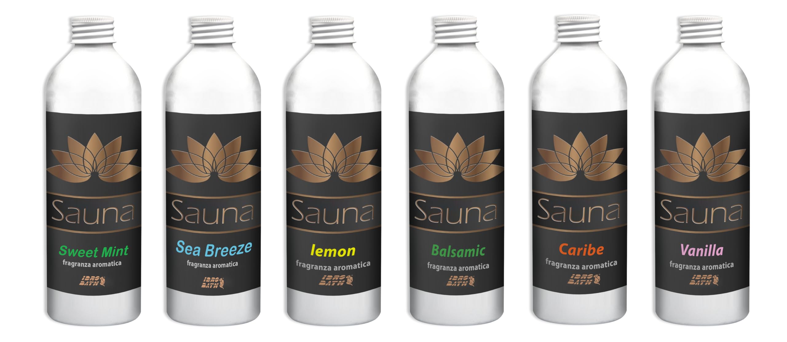 Fragranze Aromatiche Assortite Sauna Kit 6 pz x 250 ml + Dosatore | Fragranze Aromatiche concentrate per Sauna: Balsamic, Lemon, Caribe, Vanilla, Sweet Mint, Sea Breeze con Dosatore in Omaggio