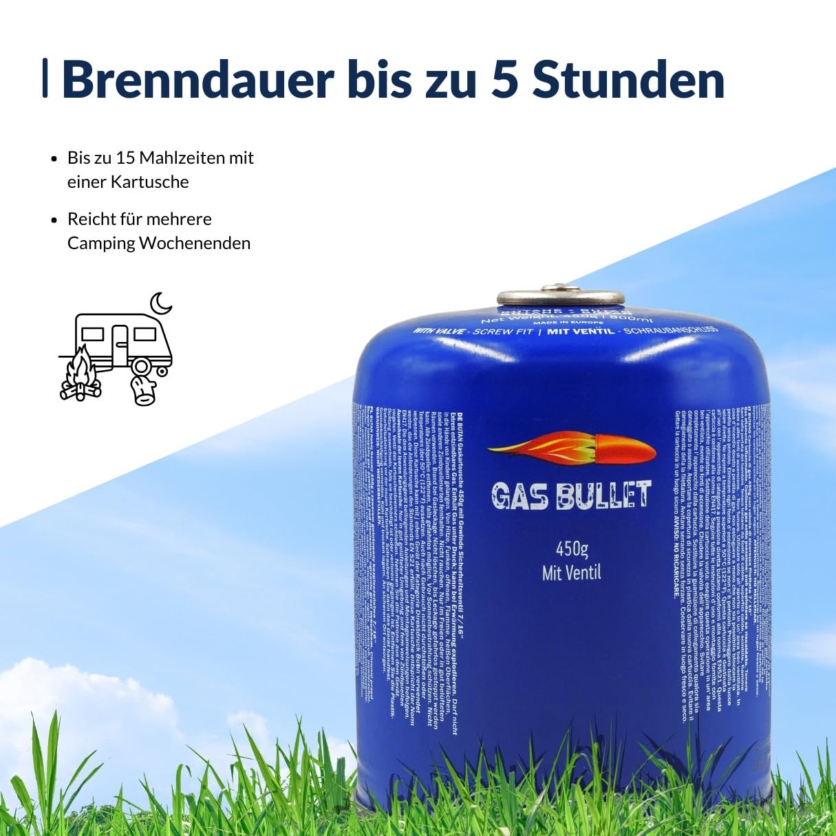 Schraubkartusche 450g passend für Gaskocher, Gasgrills (speziell für Weber) und alle Geräte mit 7/16“ Gewinde | Ideal für Camping/Outdoor/Notfälle (12 Kartuschen)