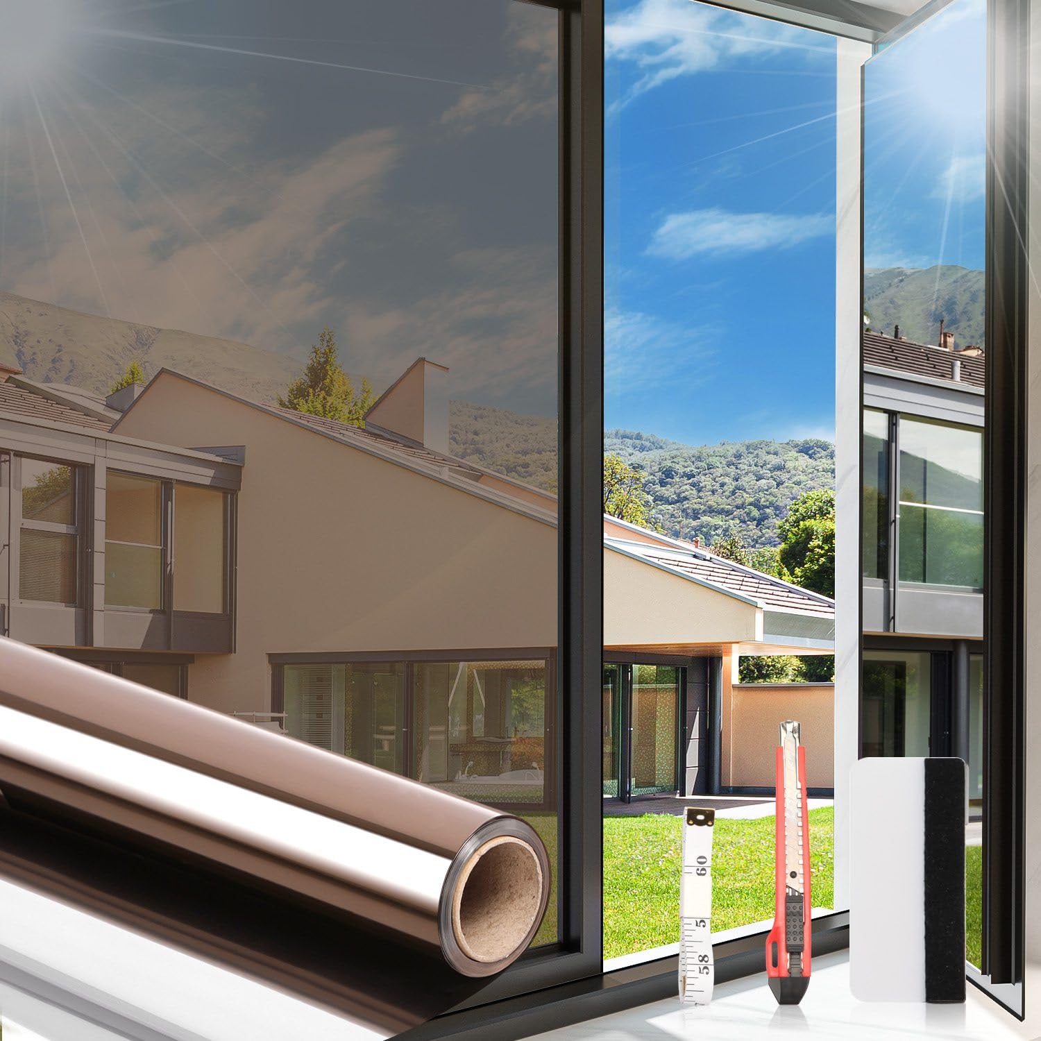 Arthome Pellicola per Vetri Finestre Anti-UV 60cmx460cm, Marrone Argento, Controllo Calore Oscuranti per Finestre Riflettente Adesiva per casa e ufficio Riduzione Abbagliamento solare con strumento