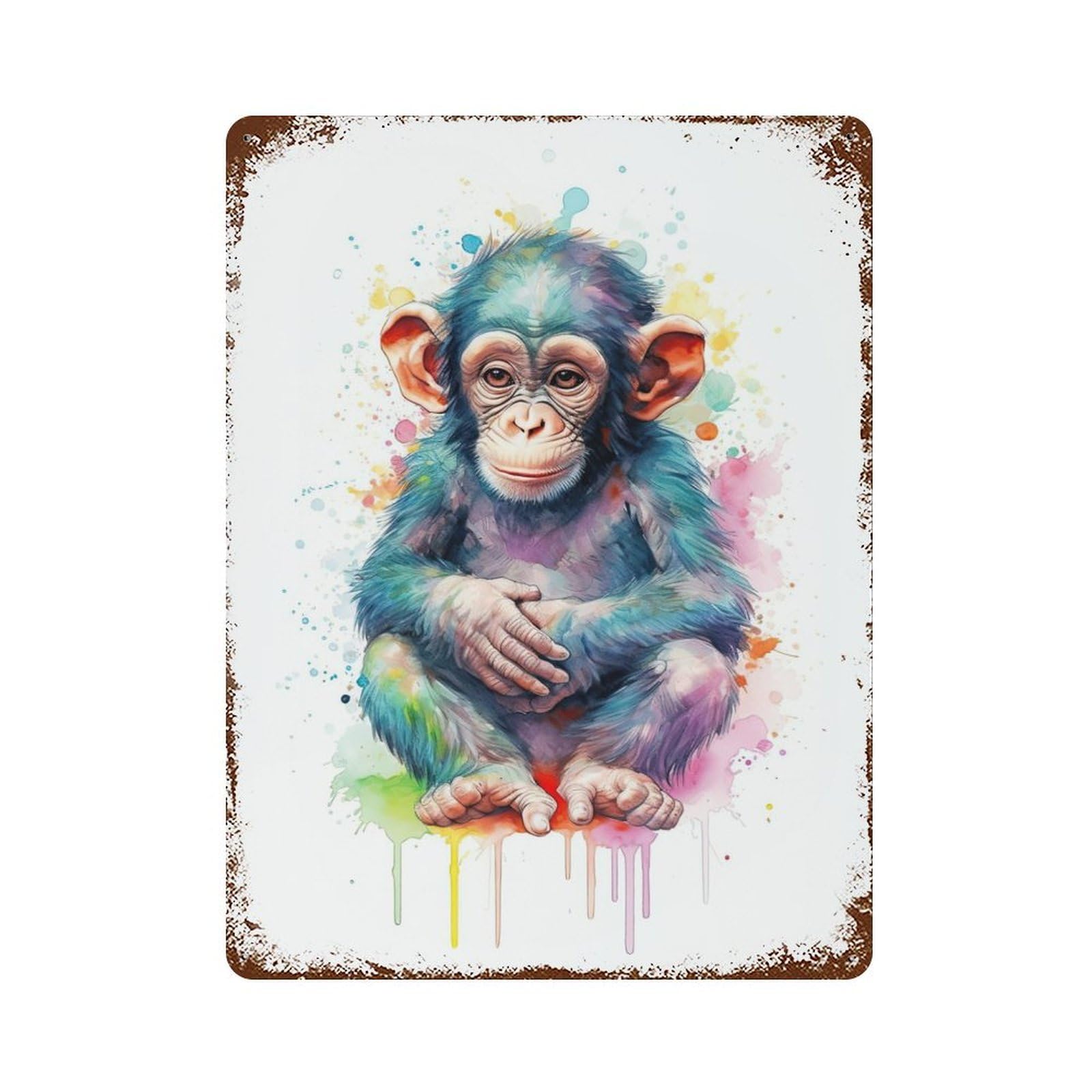 Distressed Metal Wall Sign Watercolor Baby Monkey 15.7"x11.8", Vintage Wall Decor for Garage, Bar And Workshop Decor