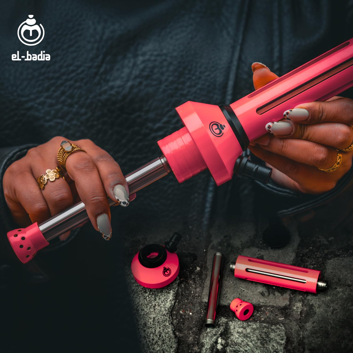 EL-BADIA® Fusion Cachimba – 46 cm – Gran Cachimba Moderna de Aluminio con Base de Vidrio, Difusor Extraíble, Purga 360°, Manguera y Cazoleta de Silicona – Shisha Premium – Set Completo (Pink)