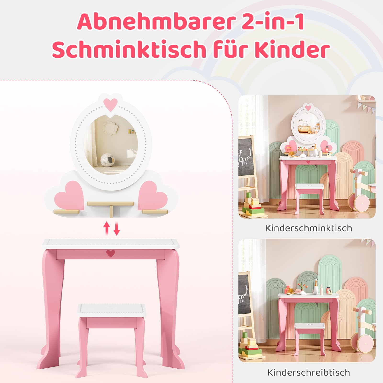 MAMIZO Toeletta per Bambini, Toeletta Trucco con Sgabello e Specchio Rimovibile, Set Tavolo Trucco 2 in 1 a Forma di Cuore, Scrivania per Bambini, 50x33x91cm (Rosa)