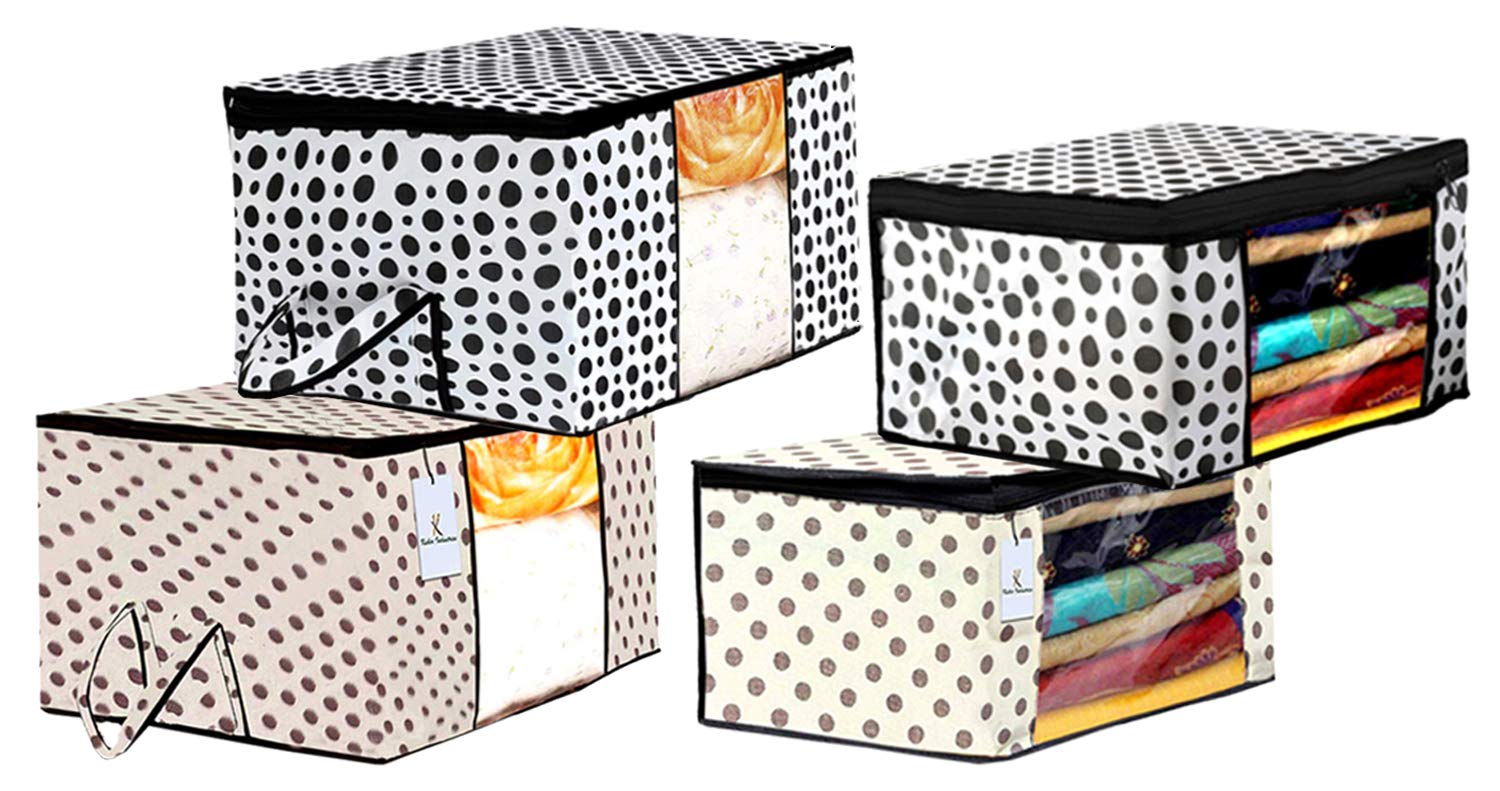 Kuber Industries Polka Dot Design 2 Piece Non Woven Saree Cover and 2 Pieces Underbed Storage Bag, Storage Organiser, Blanket Cover, Cream & White -CTKTC042366