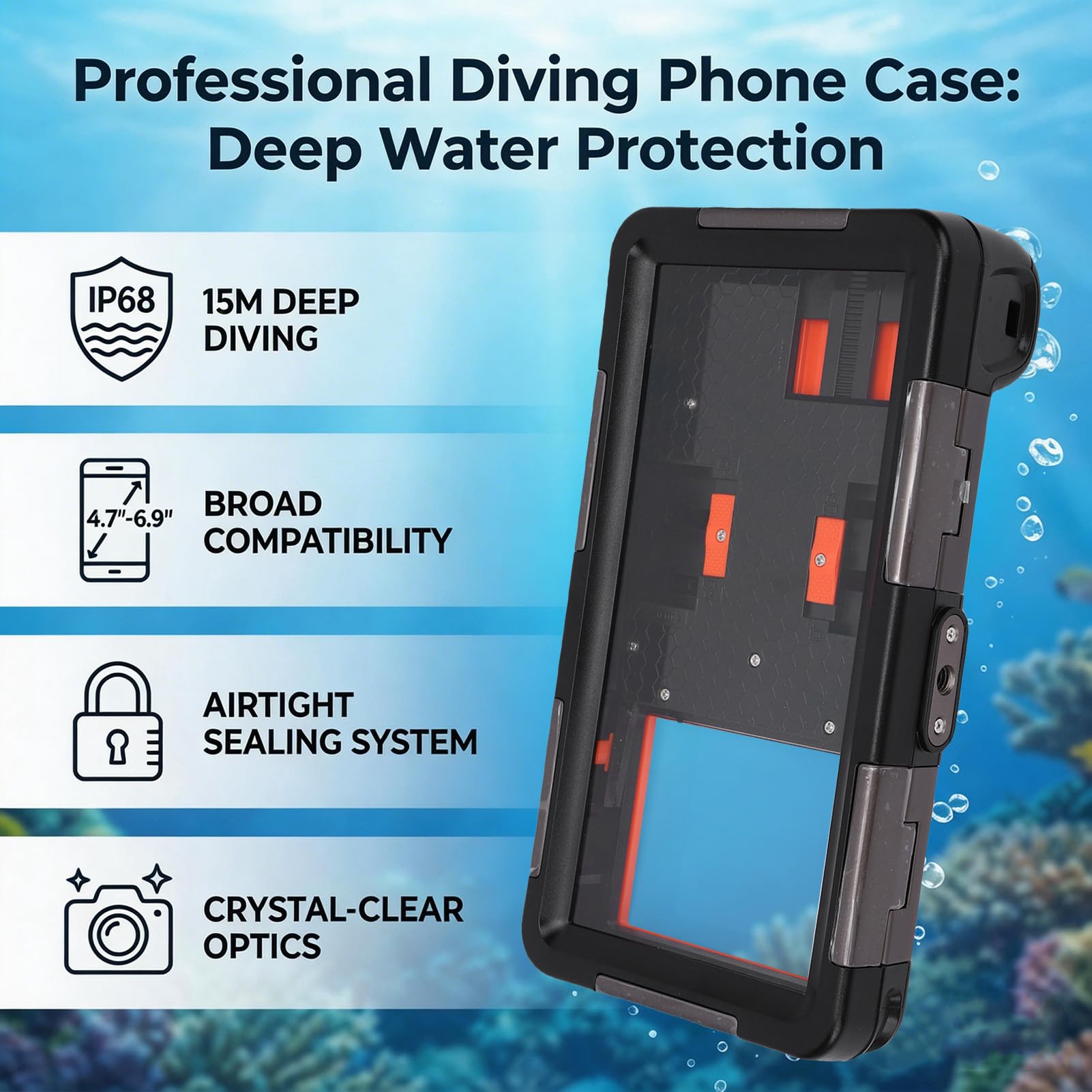 Étui de Téléphone de Plongée, étui étanche de Plongée sous-Marine Compatible avec 17 16 15 14 13 12 11 Pro Mini et S10 à S25 Ultra, testé IP68 (Noir et Orange)