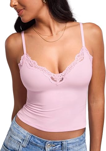 DOBREVA Womens V Neck Lace Camisole Tops Sleeveless | Tank Top, Double Lined, Going Out, Y2K, Night Out, Party, Concert, Date, Sleep