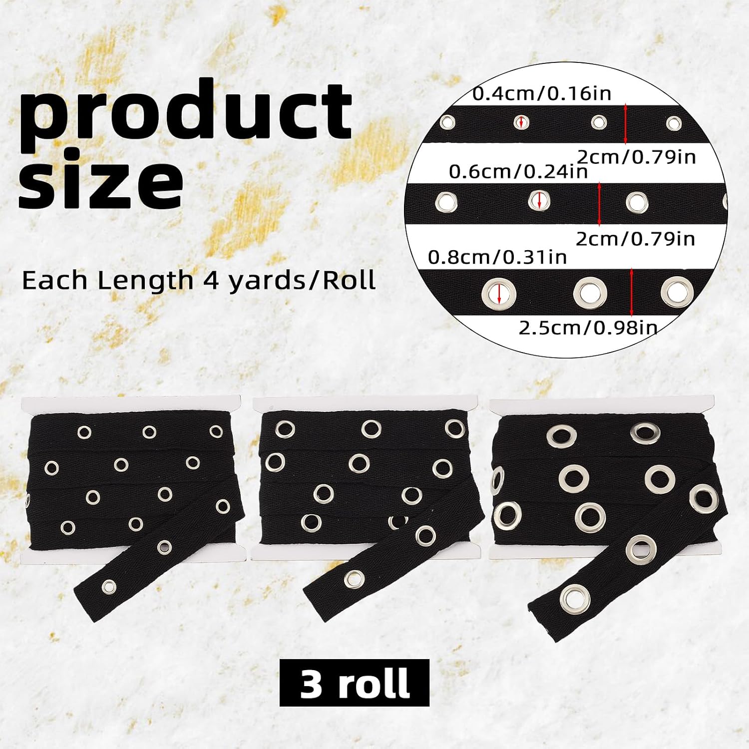 12 Yards Cotton Eyelet Tape, 3 Styles Grommet Twill Tapes with Silver Metal Eyelet Ring, Black Grommet Trim for Sewing Corset Shirt Dress Skirt Jacket Shoes