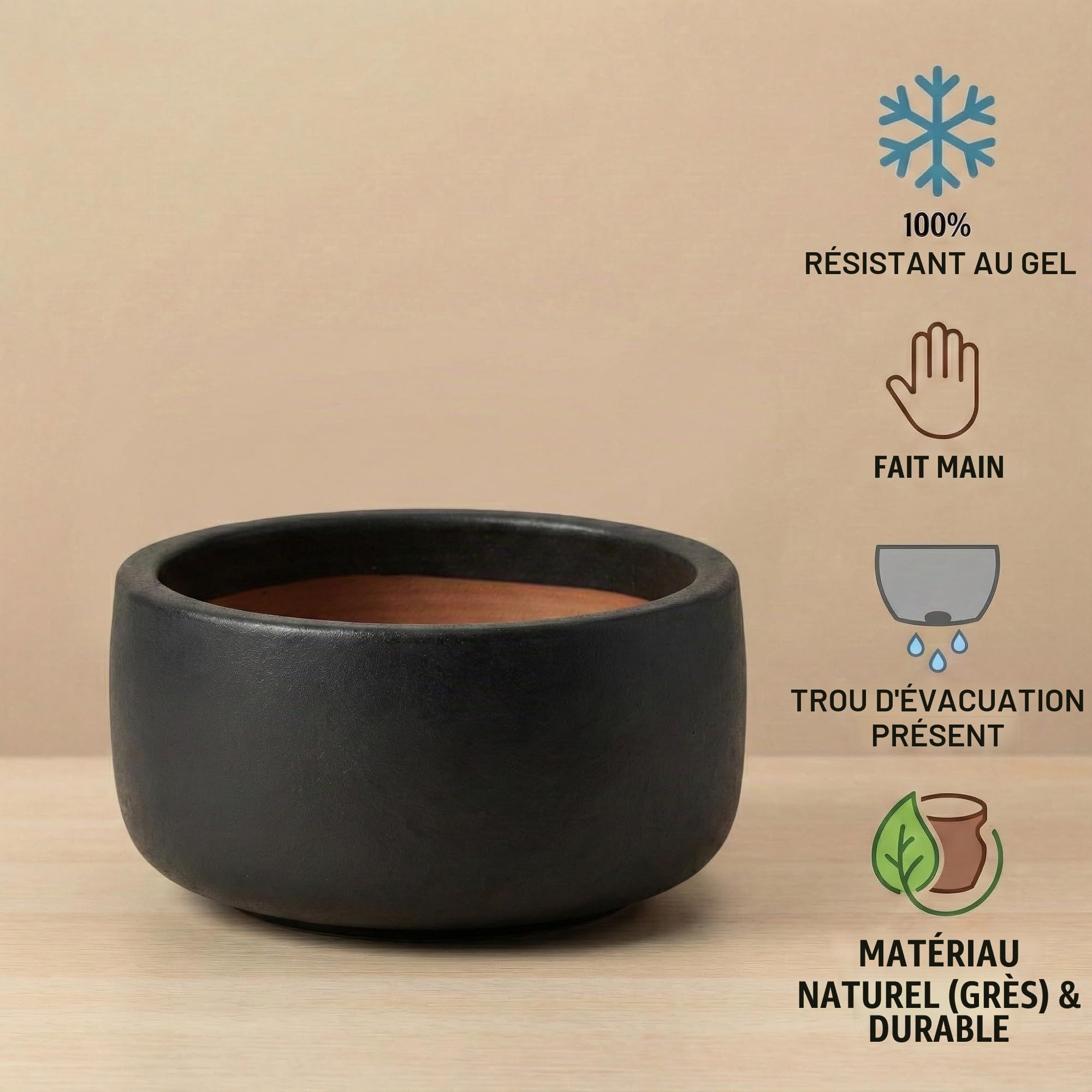 Teramico Pot de fleurs en grès résistant au gel - Fait à la main - Pot de fleurs rond résistant à l'hiver - Avec trou - Résistant aux intempéries, massif et robuste (anthracite, 38 cm x 20 cm)