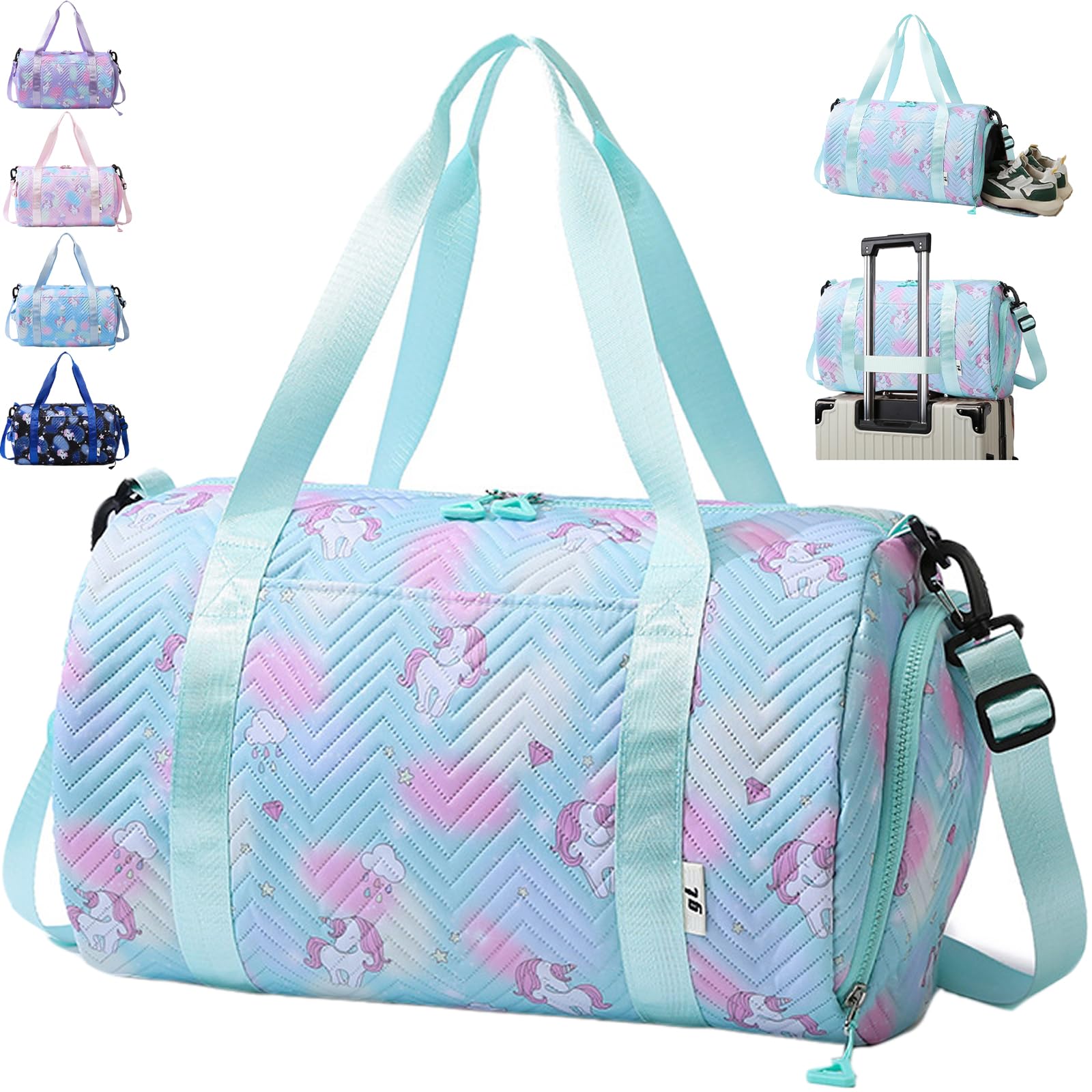 AUNGKWANG Unicorn Travel Bags, Swim with Shoes Compartment & Waterproof Pocket, Waterproof Dance Bag, for Girls Fitness Workout, Travel, Dance, Ballet, Swim