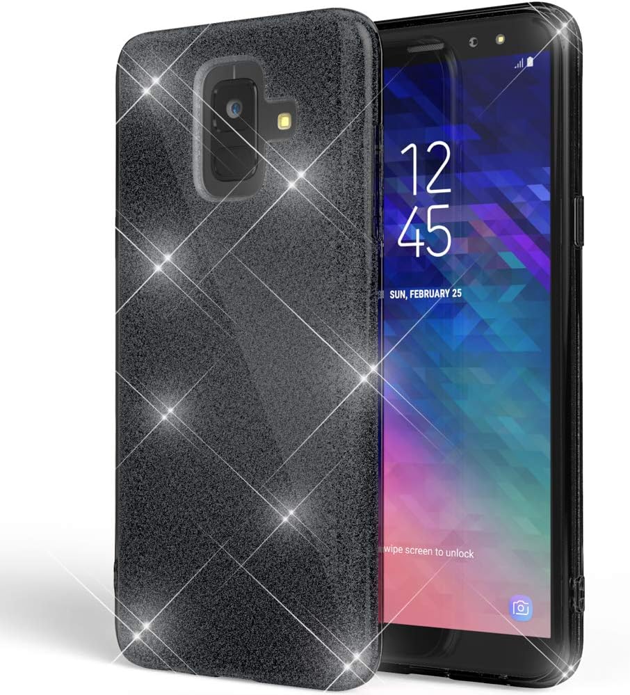 NALIA Glitter Case Compatible with Samsung Galaxy A6, Ultra-Thin Mobile Sparkle Silicone Back-Cover, Protective Slim Shiny Protector Skin, Shockproof Crystal Gel Bling Bumper, Color:Black