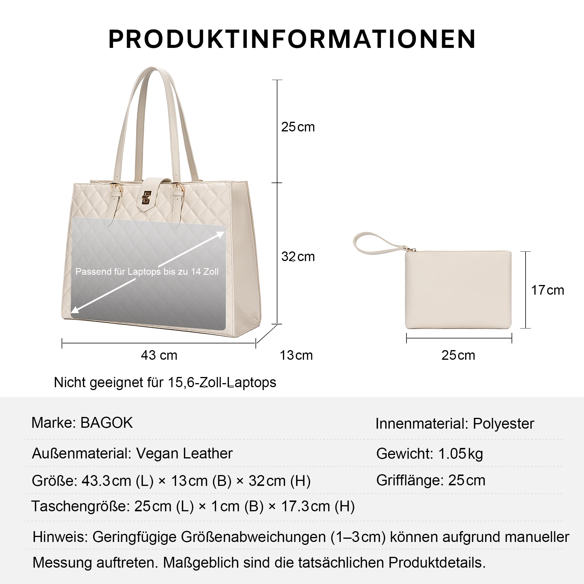 BAGOK Quilted Laptoptasche Damen aus PU Leder, Arbeitstasche Shopper Tote, Lehrertasche Nurse Bag, große Kapazität, passend für Laptops bis zu 14 Zoll, für Büro, Uni und Alltag