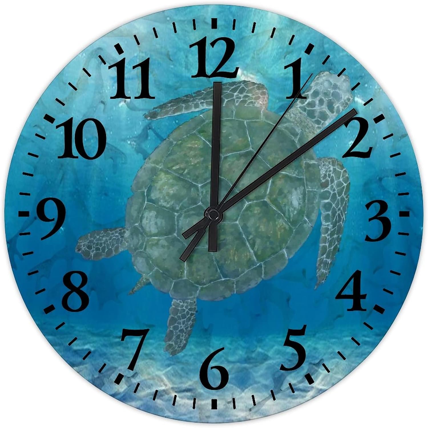 Sea Turtle Wood Wall Clocks 15 Inch, Vintage Beach Theme Retro Wood Wall Clock Silent Non-Ticking Round Arabic Numbers Clock for Bedroom Living Room Home Decor