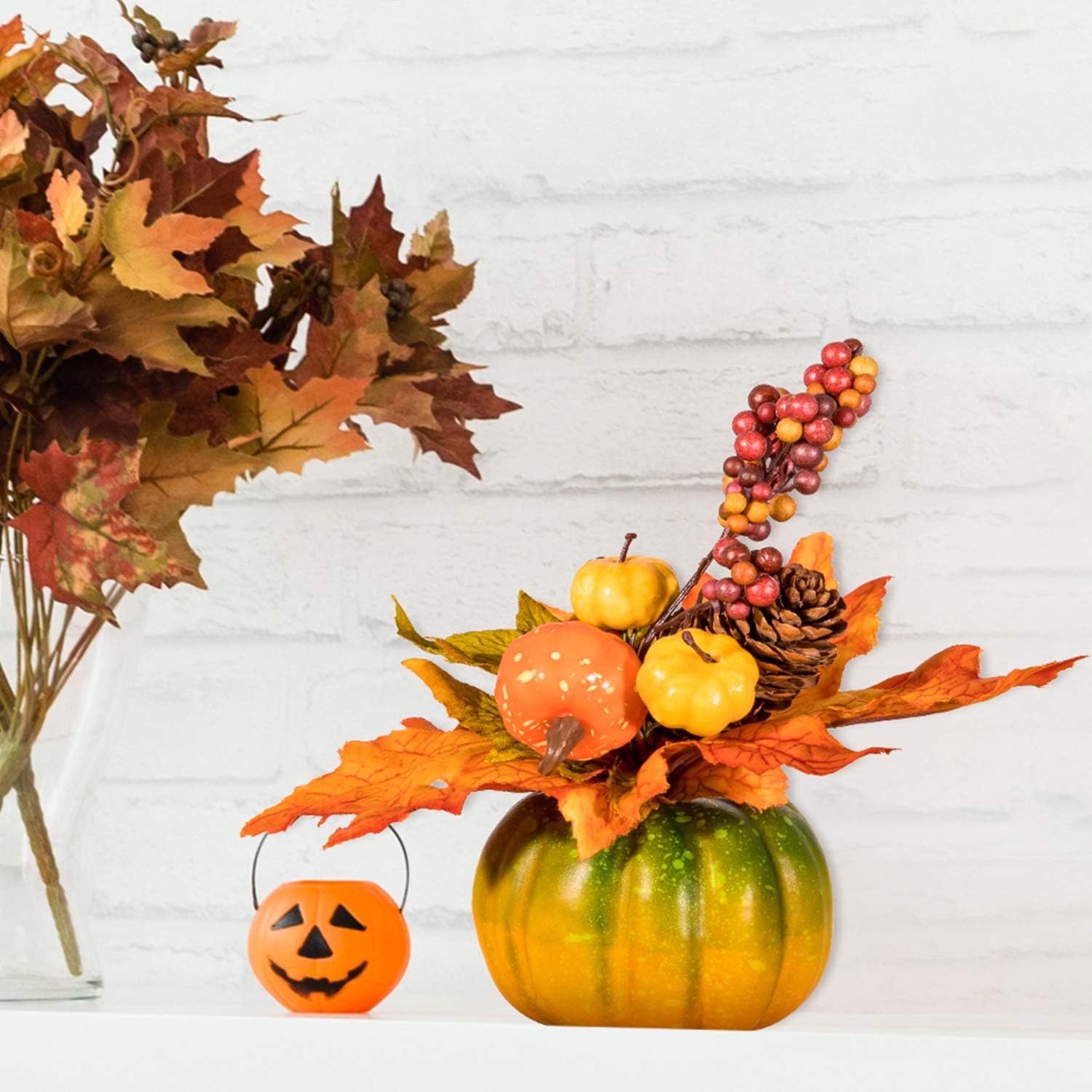Whaline Artificial Pumpkin Ornament Fall Maple Leaf Pinecone Berry Set Decor Pumpkin Photography Table Centerpiece Props for Autumn Thanksgiving Home Table Decor, 3.5inch