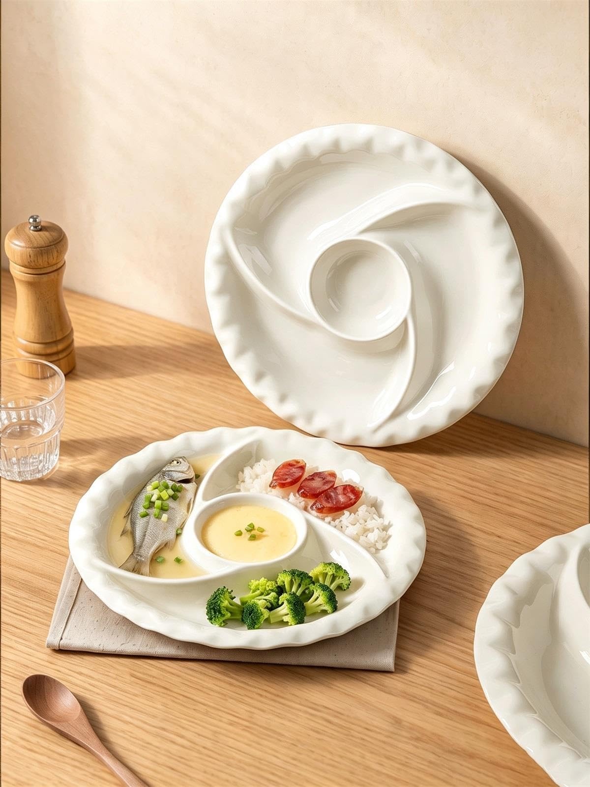 Meiiron Platos De Cena Con Platillo for Inmersión, Plato De Sushi for Bola De Masa, Plato Dividido De Cerámica - Blanco(12inch)